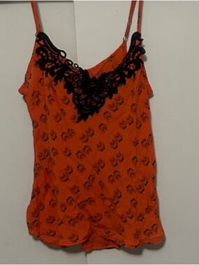 Orange Floral-Print Camisole with Black Lace Trim
